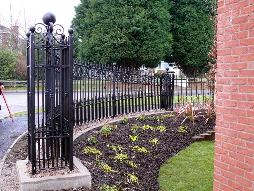 Grand Wrought Iron Estate Railings with Decorative Cage Pillars