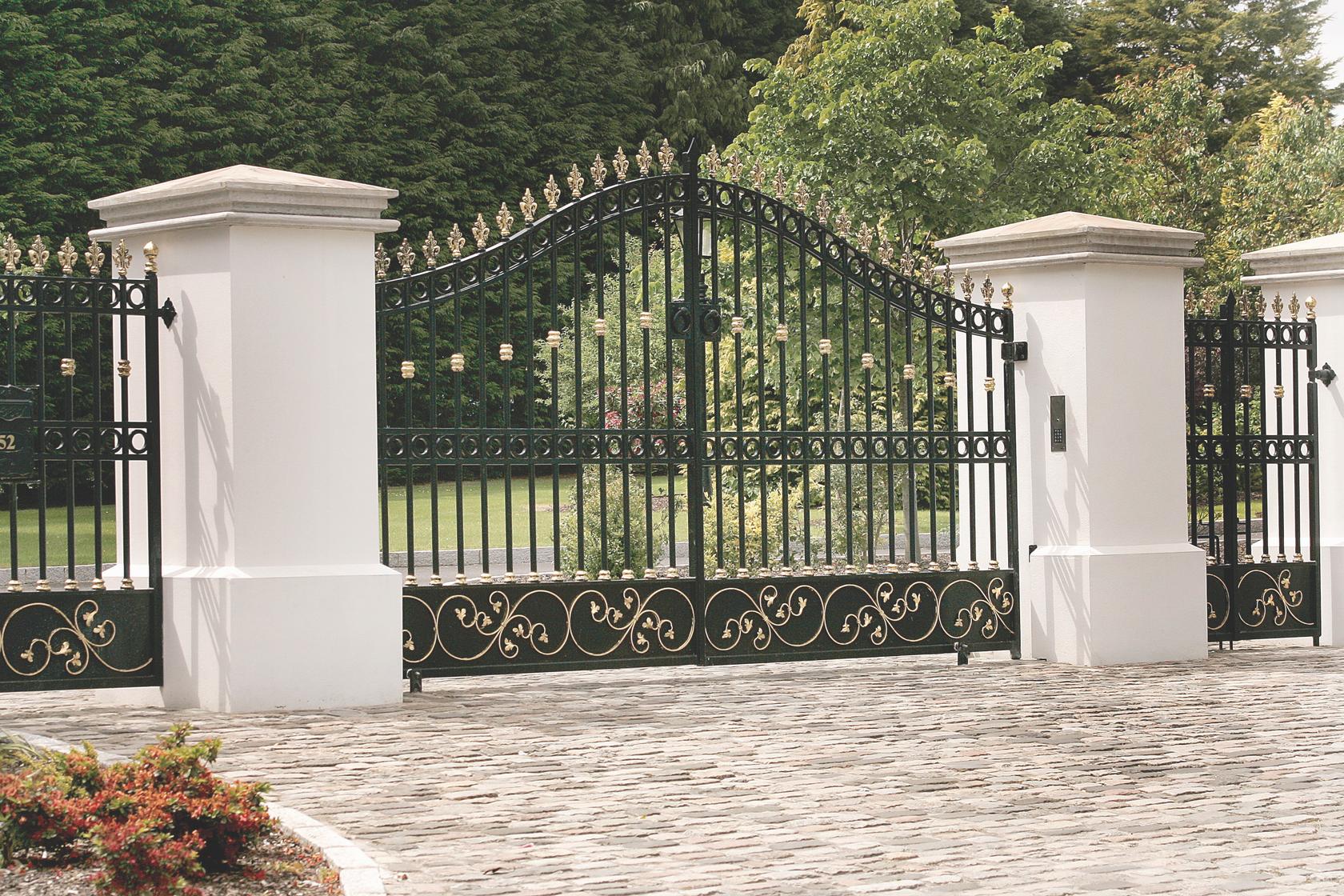 Ornate Wrought‑Iron Estate Gate with Gold Accents
