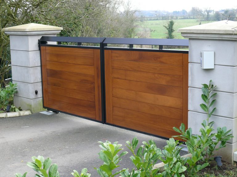 Modern Hardwood Driveway Gates with Black Steel Framing
